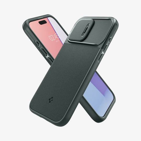 ACS06599 - iPhone 15 Pro Max Case Optik Armor (MagFit) in black showing the back with lens slot open